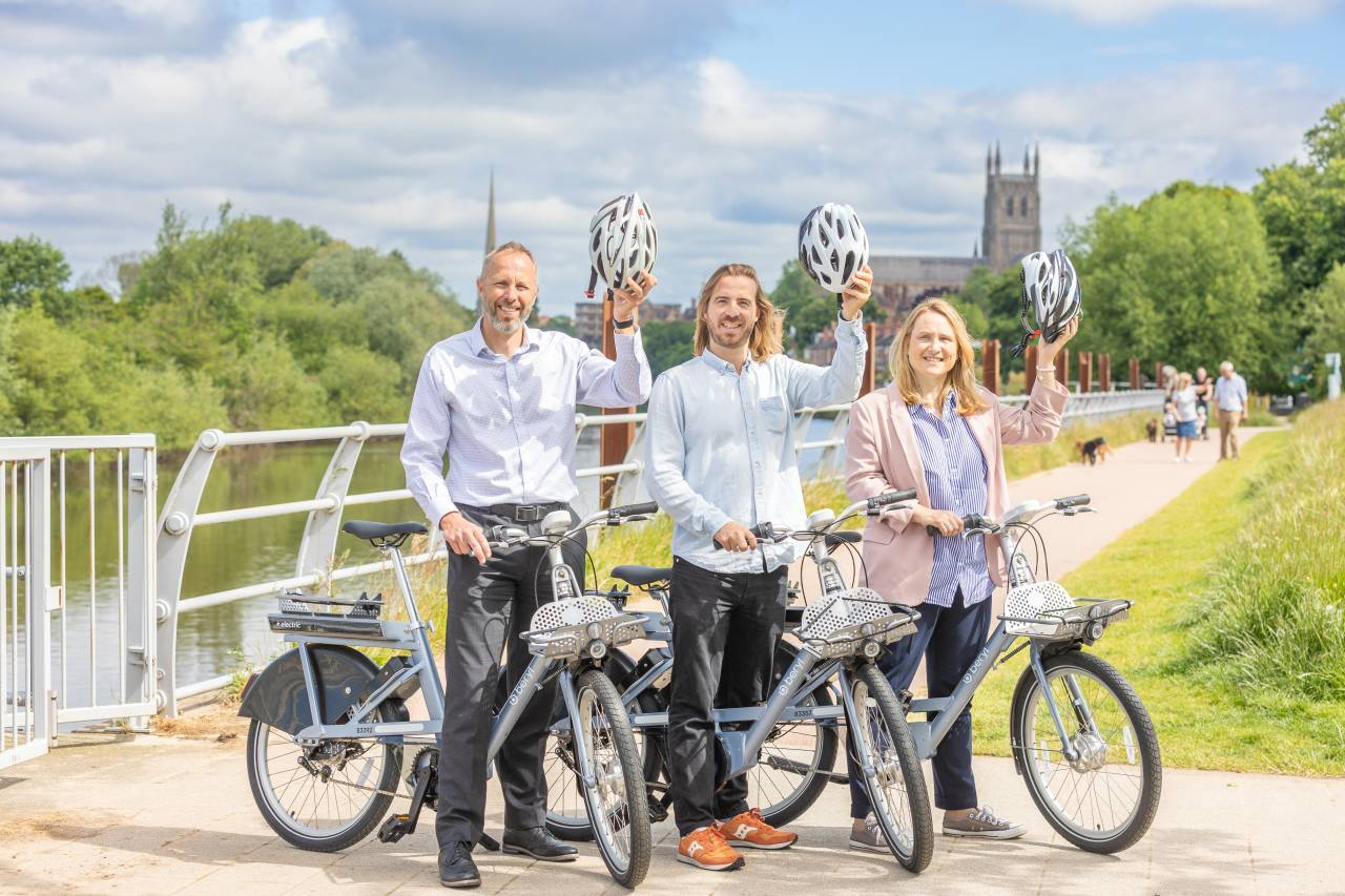 At the Berly Bike launch are (l-r) Worcester City Council Deputy Director for Policy & Strategy, David Sutton; Beryl CEO and co-founder, Phil Ellis; and Worcester City Council Corporate Director for Planning & Governance, Sian Stroud