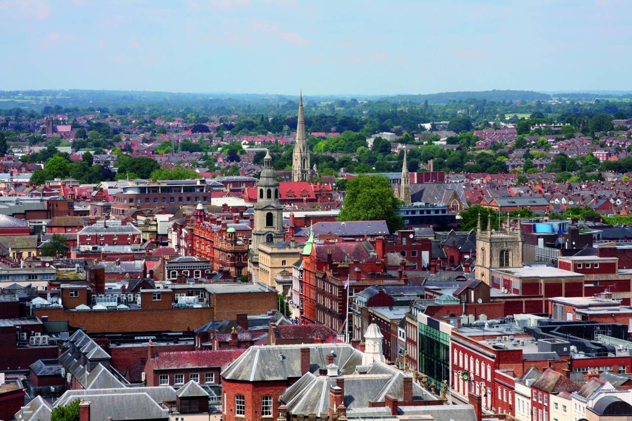 Aerial photo of Worcester's rooftops