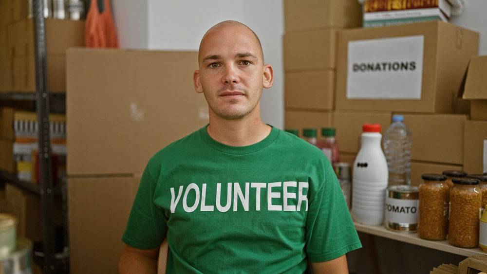 Man wearing green volunteer t-shirt