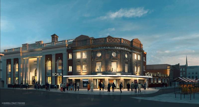 A CGI image of the outside of a refurbished Scala building