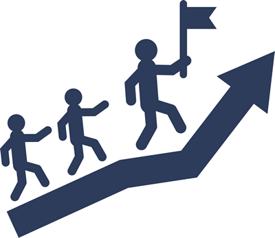 Stick men following leader with flag running up a line drawing up hill