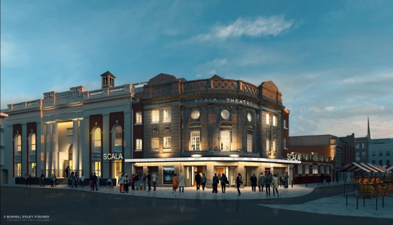 CGI Image of Scala Theatre at dusk with inside lights on.