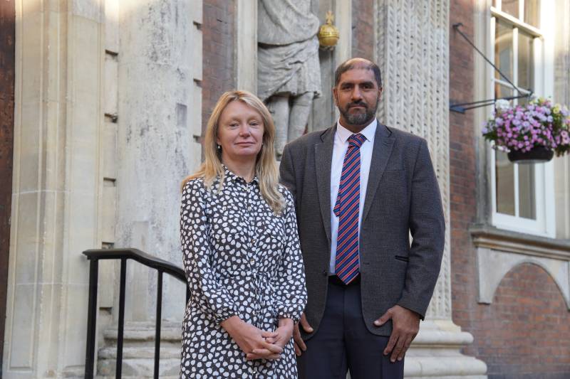 Mel Allcott and Jabba Riaz standing outside the Guildhall in Worcester