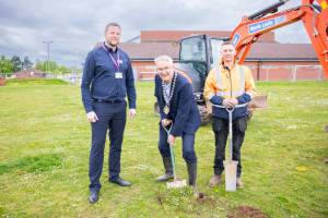At the sod-cutting event at Perdiswell Leisure Centre are (L-R): David Morris, General Manager at Perdiswell Leisure Centre, Freedom Leisure; Louis Stephen, Mayor of Worcester; and Andy Hall, Site Manager, S&C Slatter.