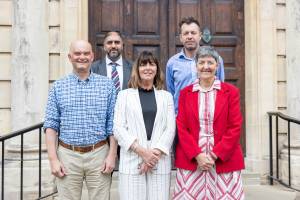 Standing on the steps of Worcester Guildhall are (left to right) Peter Gill of Citizen Housing; Cllr Jabba Riaz, Deputy Leader of Worcester City Council; Marian Duffy of Platform Housing; Boris Worrall of Rooftop Housing; and Cllr Lynn Denham, Leader of Worcester City Council.