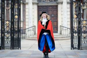 The Mayor of Worcester standing outside of the Guildhall