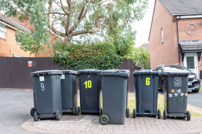 A large number of black wheelie bins in a residential street