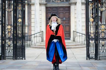 The Mayor of Worcester standing outside of the Guildhall